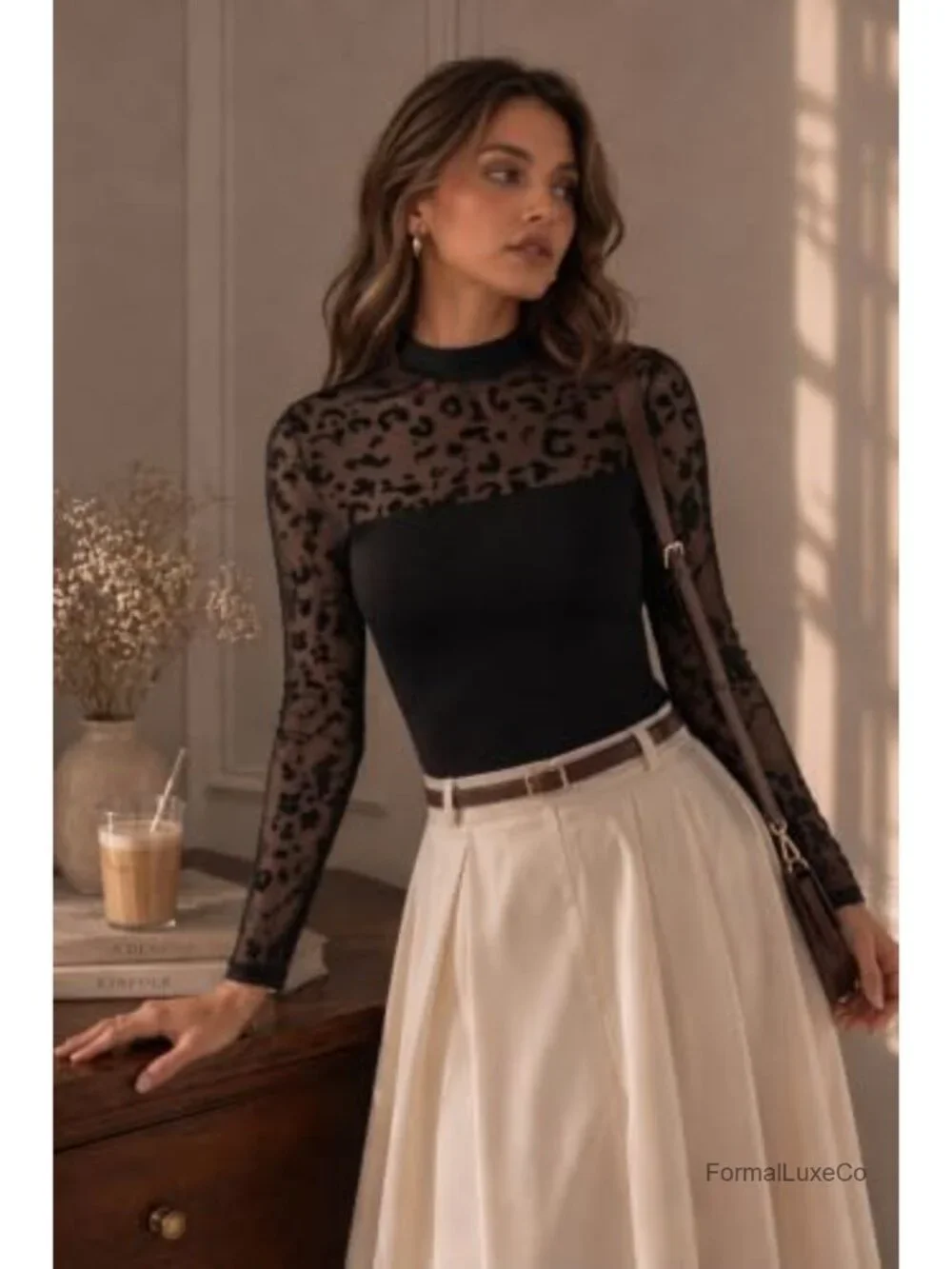 Women's Long Sleeve Mesh Lace Top Sheer Blouse Crew Neck Stretchy